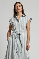 Load image into Gallery viewer, Light Blue Cap Sleeves Striped Midi Work Dress with Sash