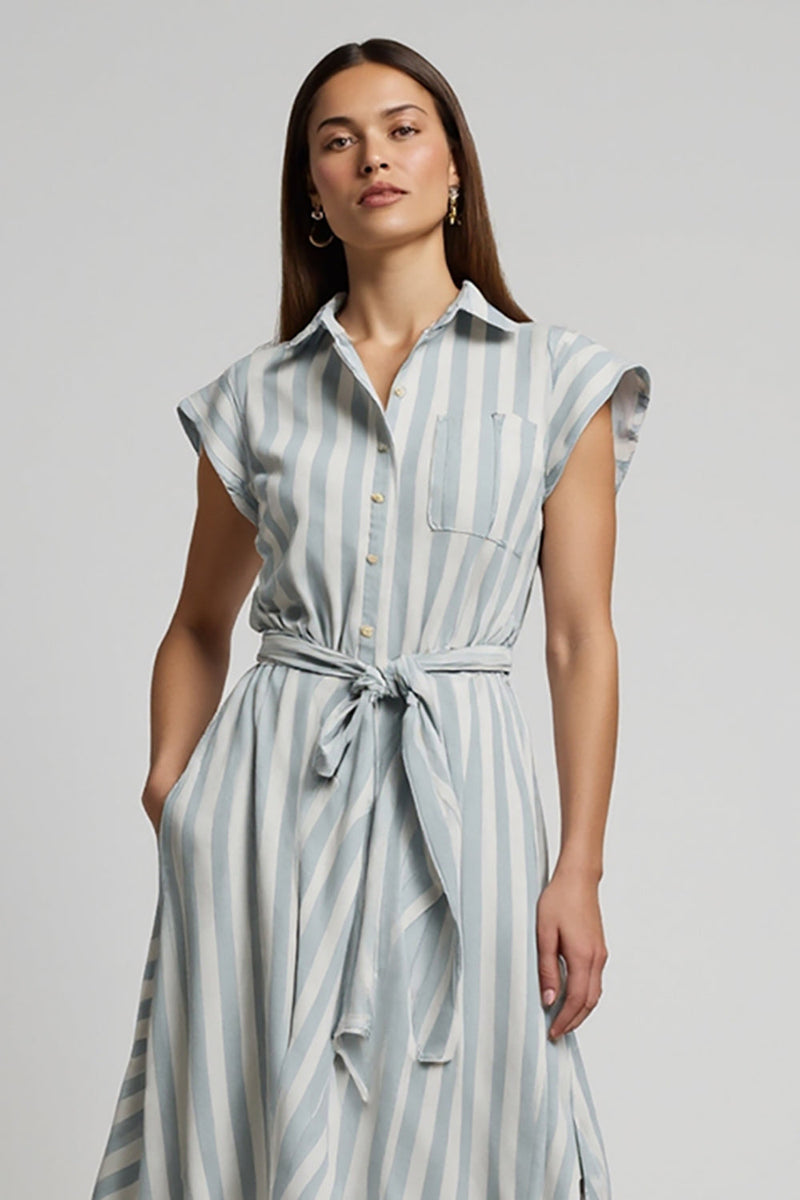 Load image into Gallery viewer, Light Blue Cap Sleeves Striped Midi Work Dress with Sash