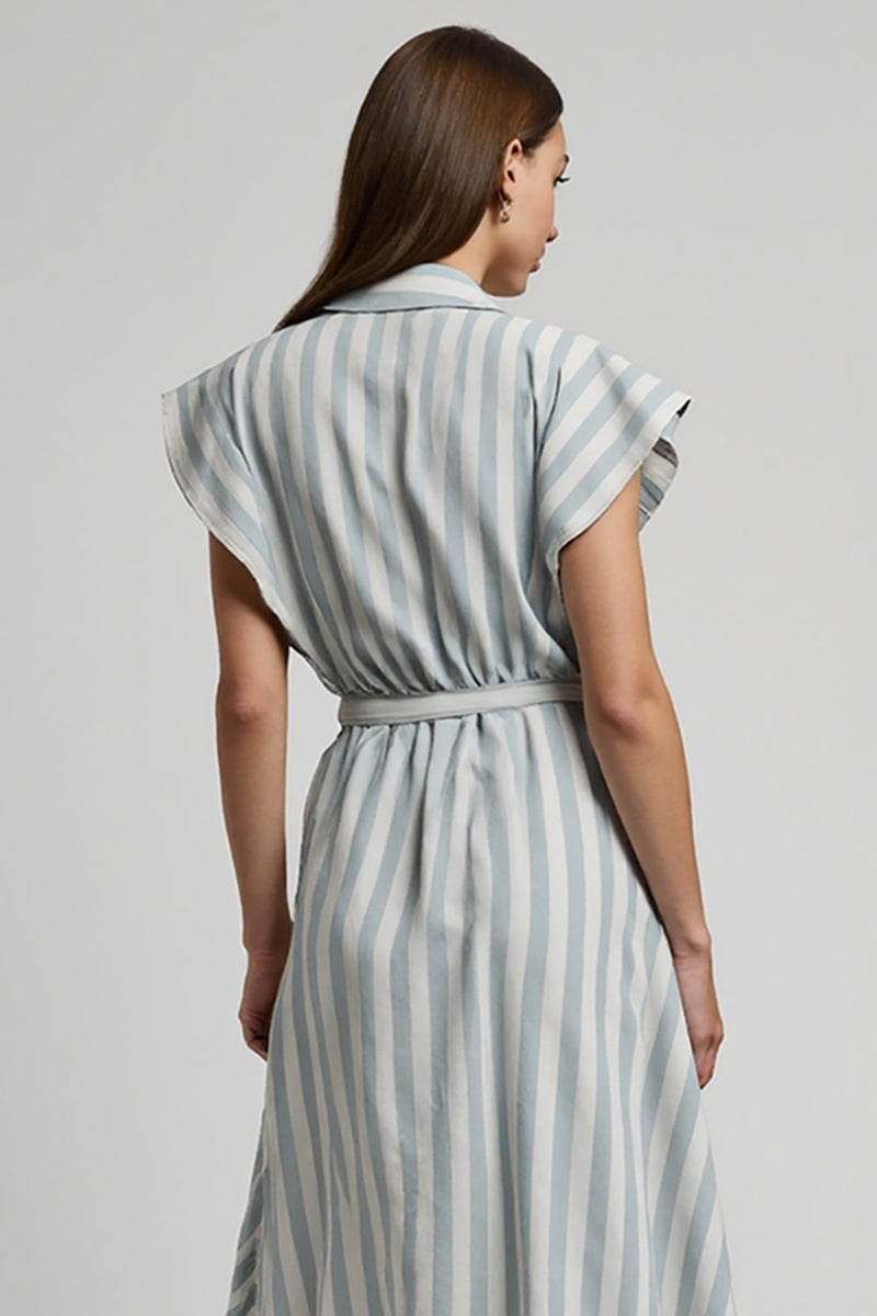 Load image into Gallery viewer, Light Blue Cap Sleeves Striped Midi Work Dress with Sash
