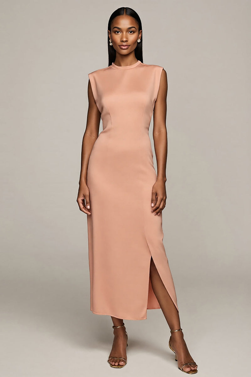 Load image into Gallery viewer, Blush Round Neck Pencil Maxi Satin Work Dress with Slit