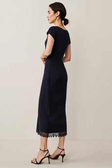 Navy Short Sleeves Pencil Maxi Satin Work Dress with Lace