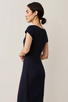 Load image into Gallery viewer, Navy Short Sleeves Pencil Maxi Satin Work Dress with Lace