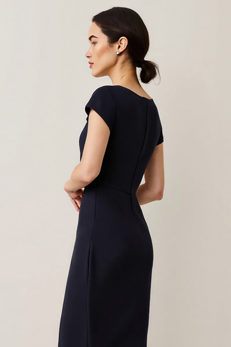 Load image into Gallery viewer, Navy Short Sleeves Pencil Maxi Satin Work Dress with Lace
