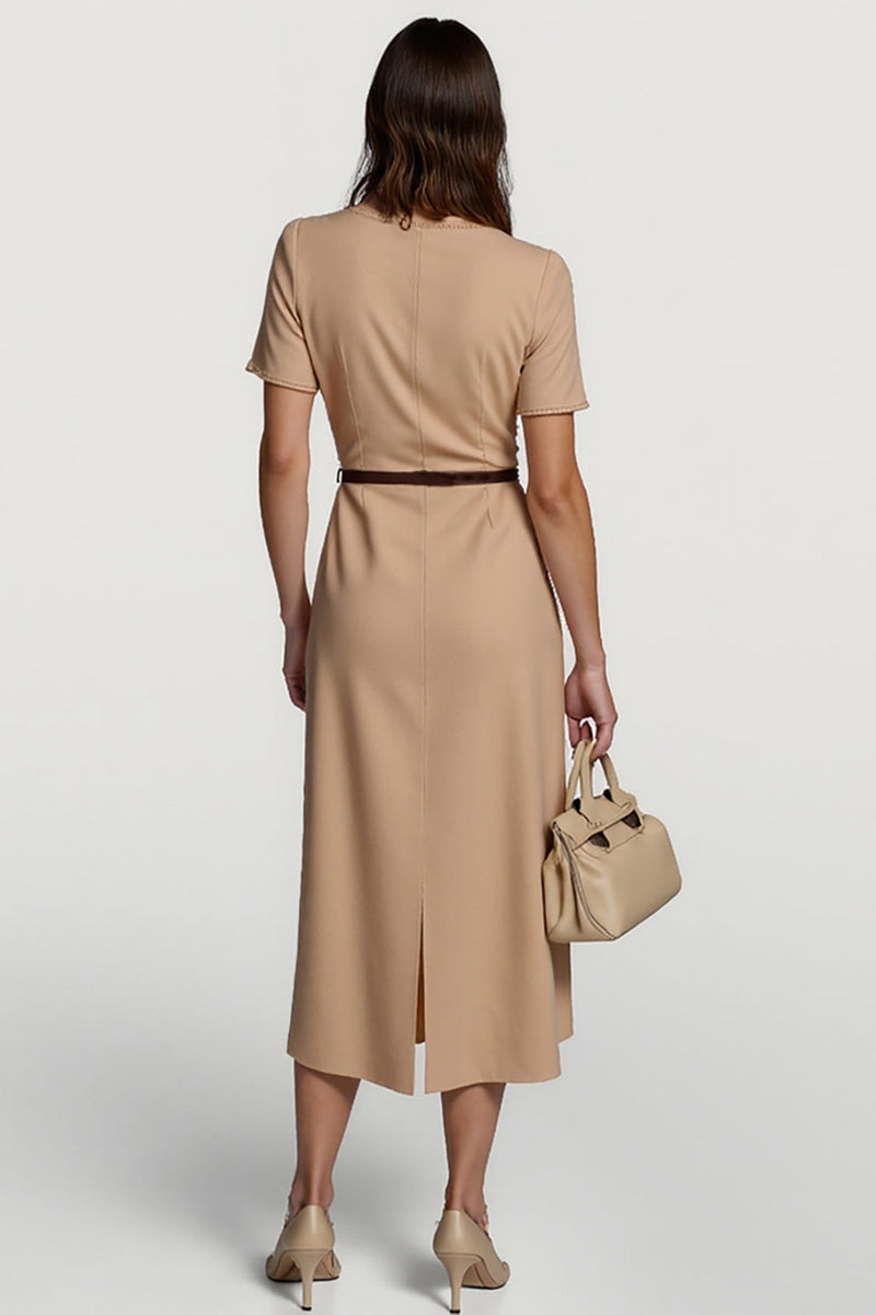 Load image into Gallery viewer, Short Sleeves Camel Pencil Midi Work Dress with Belt