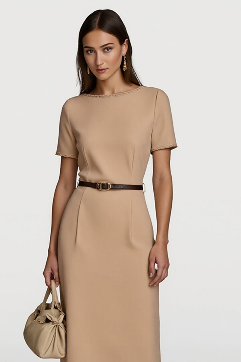 Load image into Gallery viewer, Short Sleeves Camel Pencil Midi Work Dress with Belt