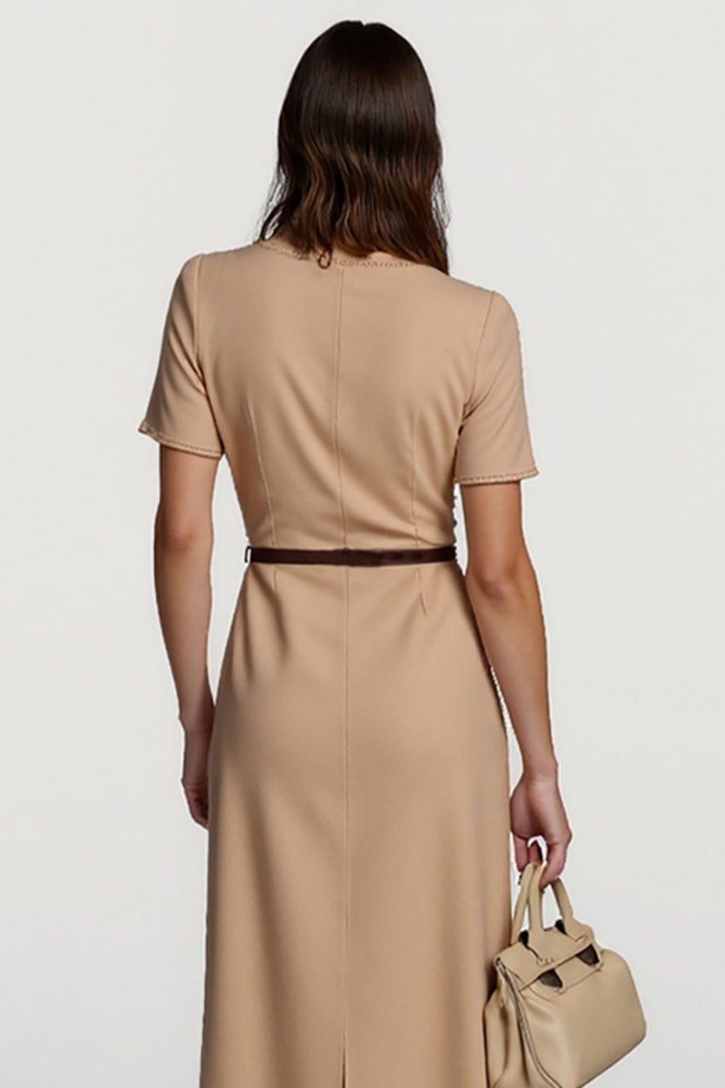 Load image into Gallery viewer, Short Sleeves Camel Pencil Midi Work Dress with Belt