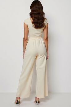 Square Neck Apricot Short Sleeves Work Jumpsuits with Sash