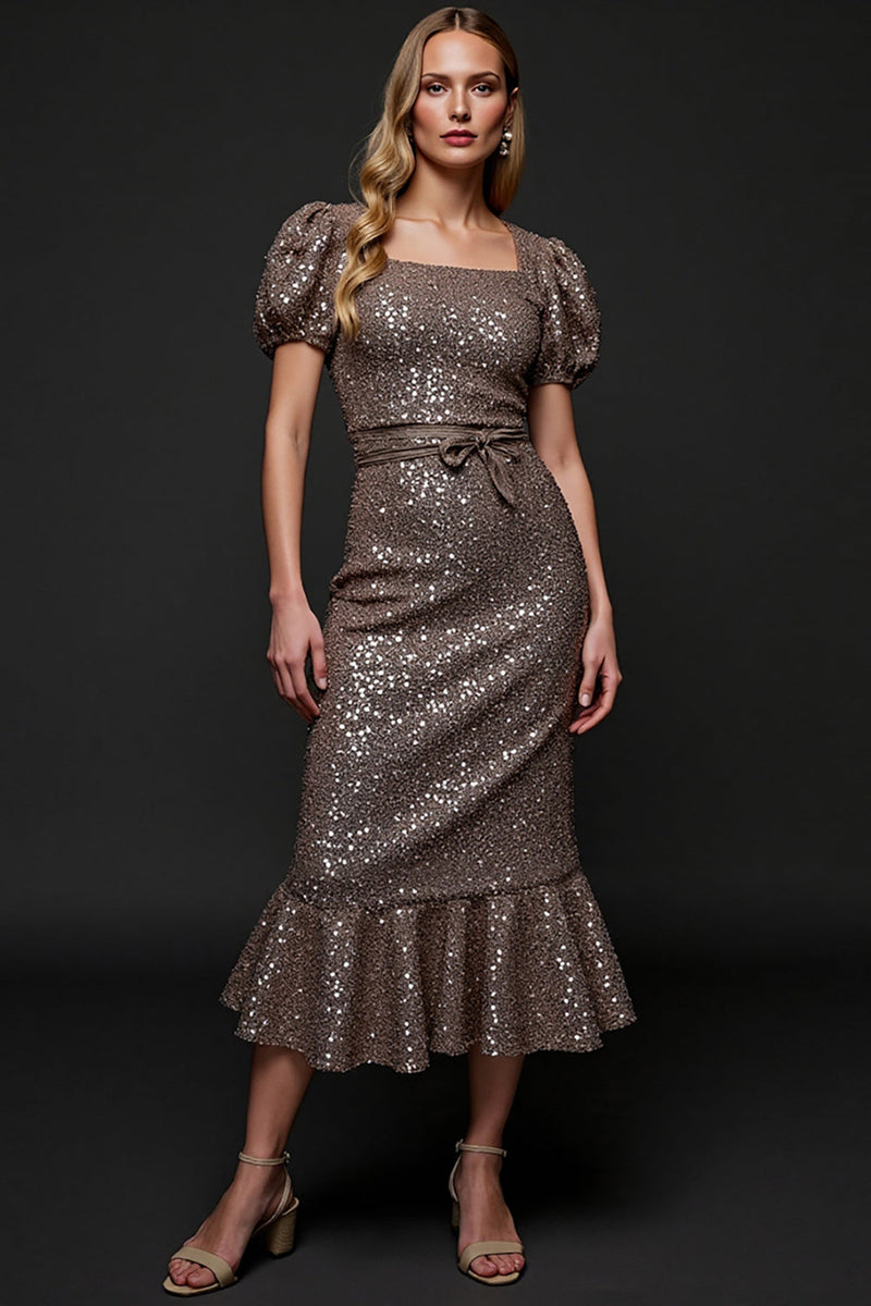 Load image into Gallery viewer, Sparkly Sequin Dark Grey Midi Holiday Party Dress with Sash