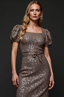 Load image into Gallery viewer, Sparkly Sequin Dark Grey Midi Holiday Party Dress with Sash