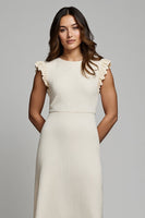 Load image into Gallery viewer, Round Neck Ivory Pencil Midi Work Dress with Ruffles