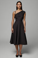 Load image into Gallery viewer, A Line Black One Shoulder Satin Midi Work Dress