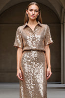 Load image into Gallery viewer, Sparkly 2 Piece Champagne Sequin Long Holiday Party Dress