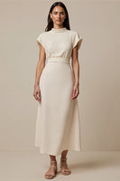 Load image into Gallery viewer, Ivory High Neck Short Sleeves Maxi Work Dress