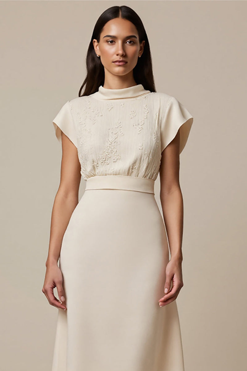 Load image into Gallery viewer, Ivory High Neck Short Sleeves Maxi Work Dress