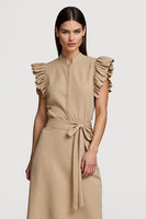 Load image into Gallery viewer, Ruffled Pencil Khaki Midi Work Dress with Sash