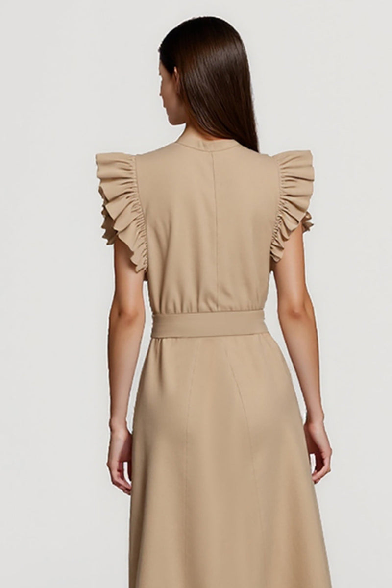 Load image into Gallery viewer, Ruffled Pencil Khaki Midi Work Dress with Sash