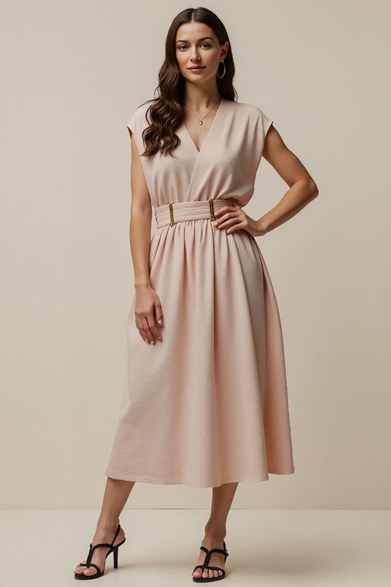 Load image into Gallery viewer, A Line V-Neck Blush Maxi Work Dress with Belt