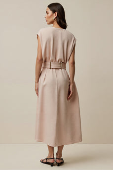 A Line V-Neck Blush Maxi Work Dress with Belt