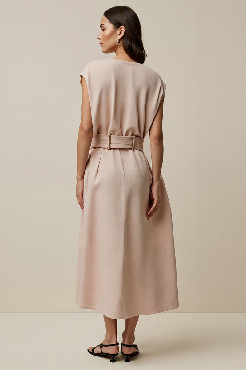 Load image into Gallery viewer, A Line V-Neck Blush Maxi Work Dress with Belt