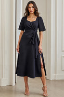Load image into Gallery viewer, Navy A Line Short Sleeves Midi Ruched Work Dress with Slit