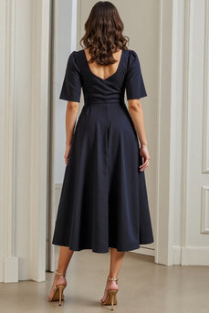 Navy A Line Short Sleeves Midi Ruched Work Dress with Slit