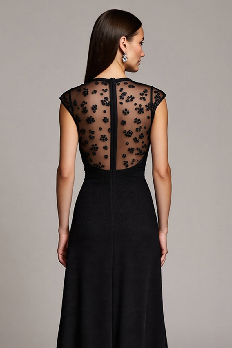 Load image into Gallery viewer, Black Illusion Cap Sleeves Neck Maxi Work Dress with Lace