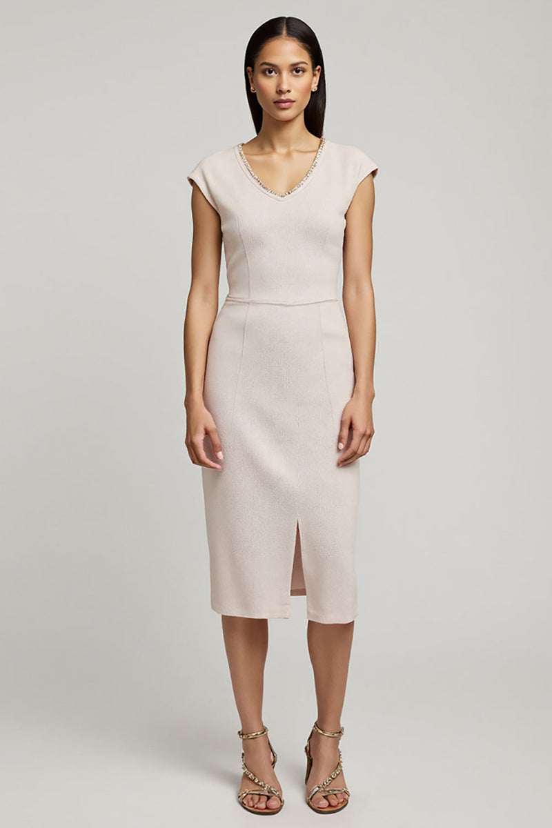 Load image into Gallery viewer, Pencil Light Pink Cap Sleeves Midi Work Dress with Slit