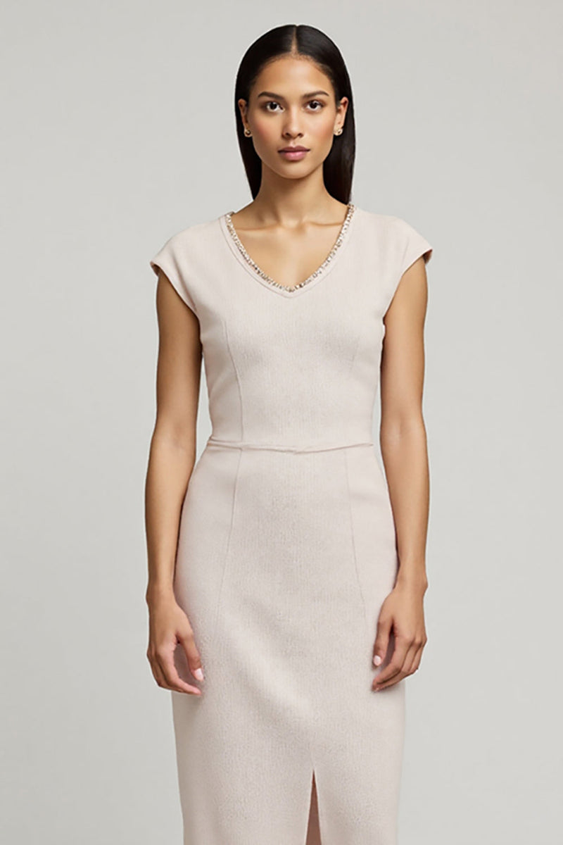 Load image into Gallery viewer, Pencil Light Pink Cap Sleeves Midi Work Dress with Slit