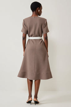Grey A Line Short Sleeves Midi Work Dress with Belt