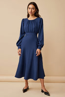 Load image into Gallery viewer, Navy A Line Ruched Satin Midi Work Dress with Long Sleeves