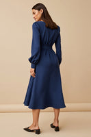 Load image into Gallery viewer, Navy A Line Ruched Satin Midi Work Dress with Long Sleeves