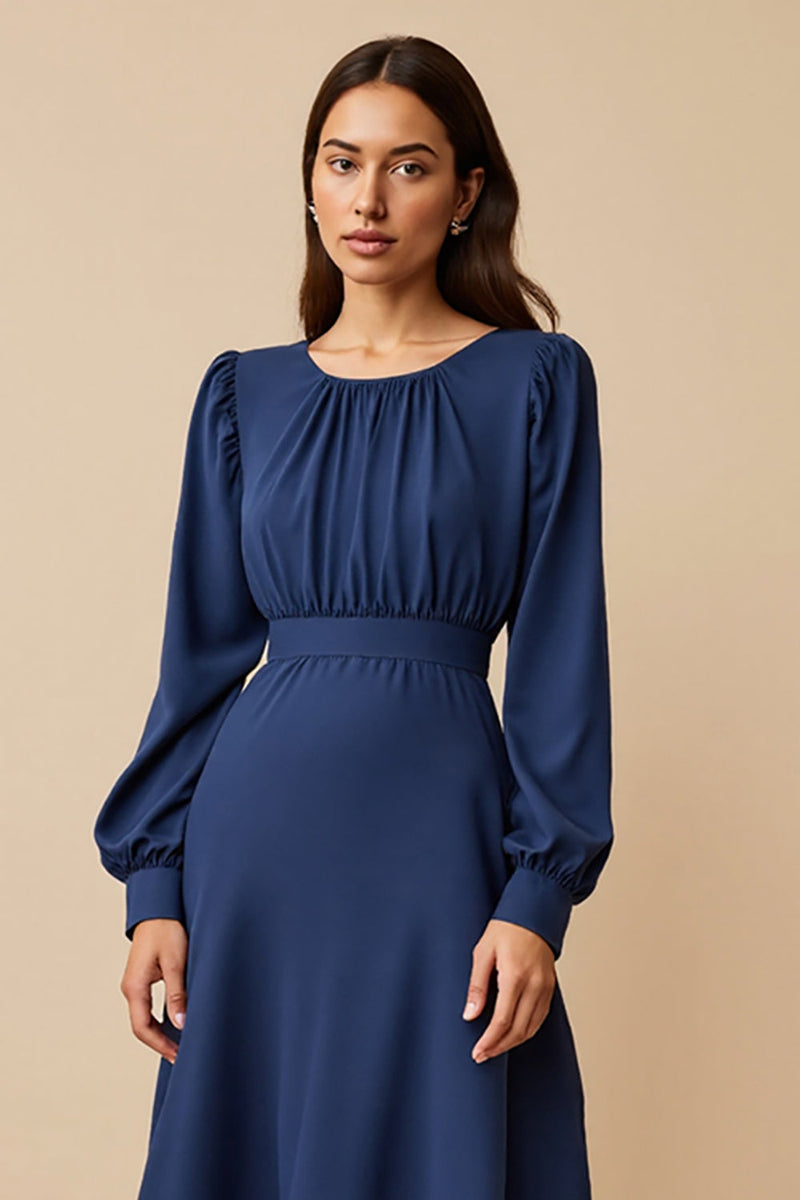 Load image into Gallery viewer, Navy A Line Ruched Satin Midi Work Dress with Long Sleeves