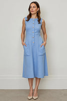 Load image into Gallery viewer, Blue A Line Single Breasted Midi Work Dress with Pockets
