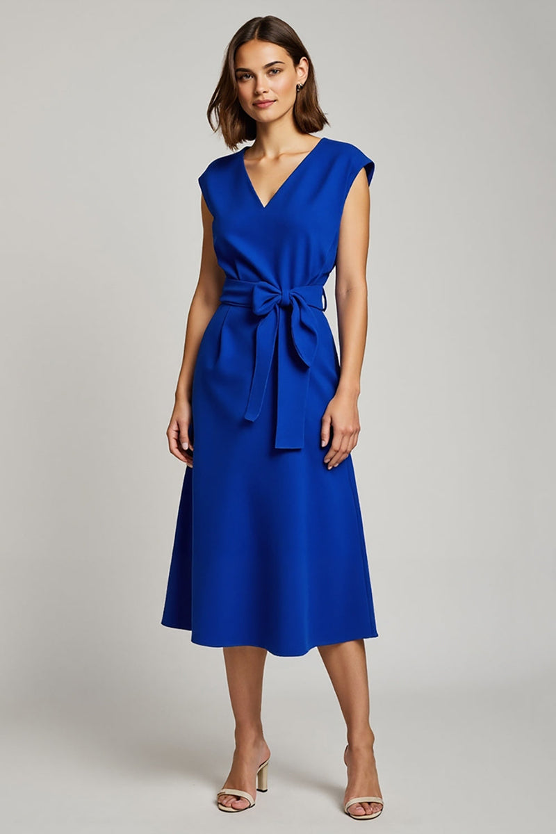 Load image into Gallery viewer, Royal Blue A Line V-Neck Cap Sleeves Midi Work Dress with Bow