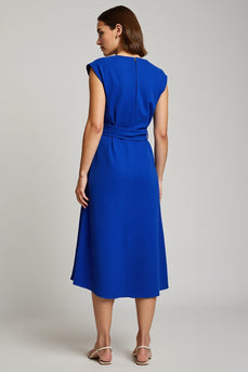 Royal Blue A Line V-Neck Cap Sleeves Midi Work Dress with Bow