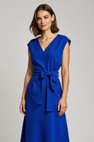 Load image into Gallery viewer, Royal Blue A Line V-Neck Cap Sleeves Midi Work Dress with Bow