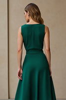 Load image into Gallery viewer, Dark Green Satin A Line Round Neck Maxi Work Dress with Belt