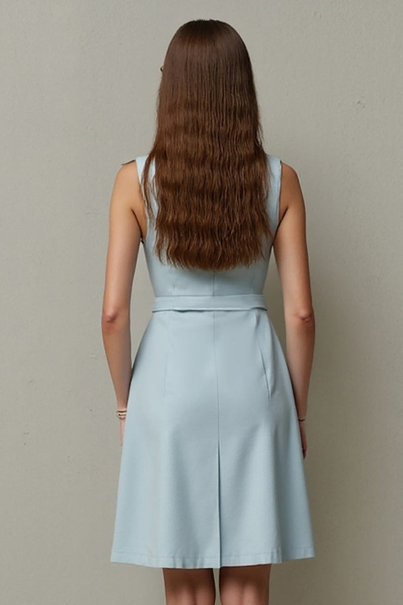 Load image into Gallery viewer, Light Blue Bodycon Single Breasted A Line Short Work Dress with Belt