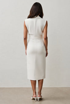 White Notched Lapel Pencil Midi Work Blazer Dress with Belt