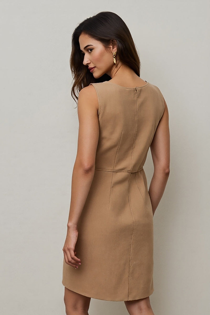 Load image into Gallery viewer, Simple Camel Pencil Round Neck Short Work Dress with Pockets