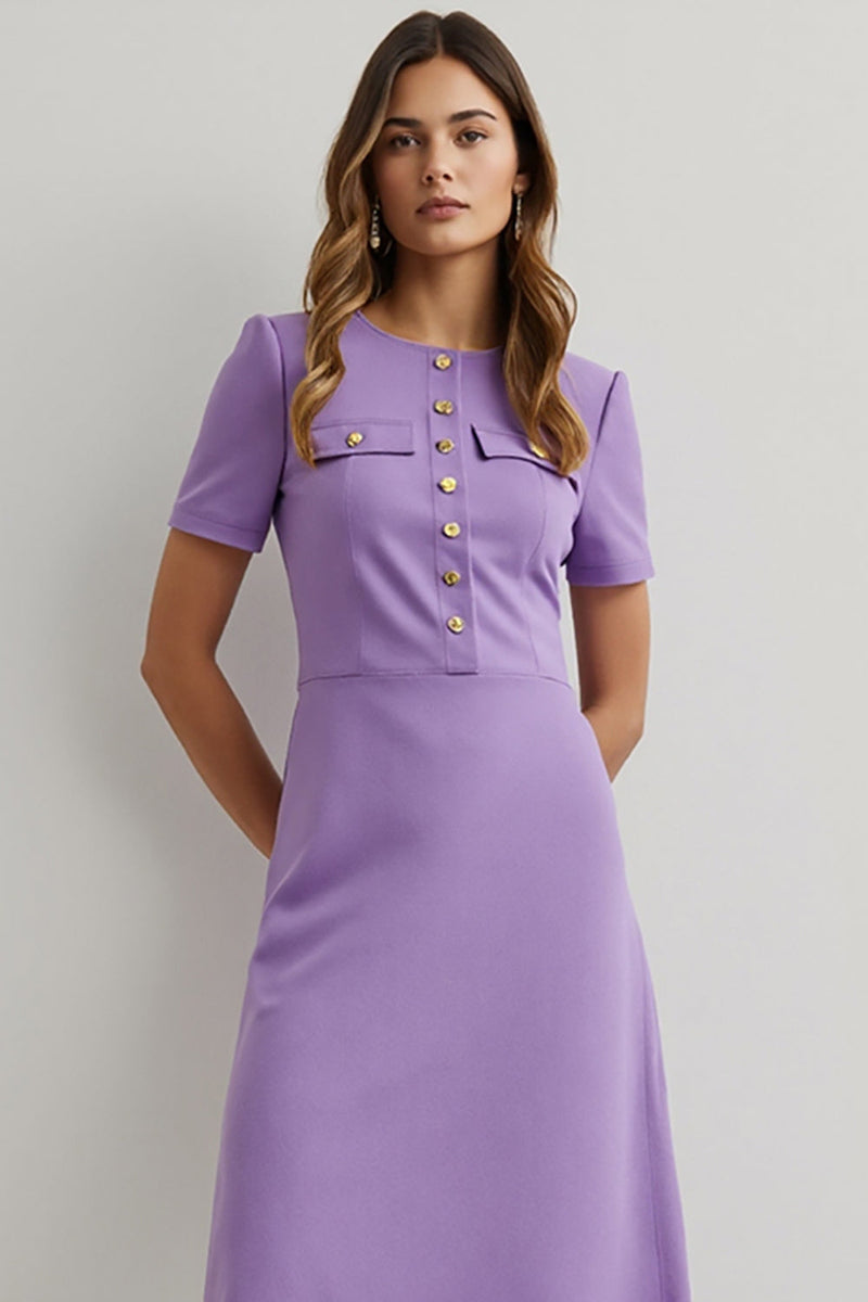Load image into Gallery viewer, Purple Pencil Round Neck Midi Work Dress with Short Sleeves