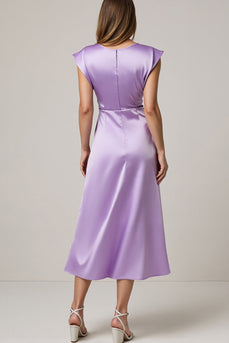Purple Satin A Line Ruched Maxi Work Dress