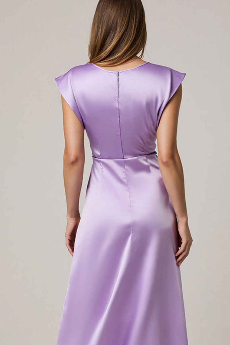 Load image into Gallery viewer, Purple Satin A Line Ruched Maxi Work Dress