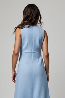 Blue Boat Neck Midi Pencil Work Blazer Dress with Pockets