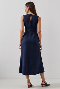 Simple Navy A Line Bateau Neck Maxi Work Dress