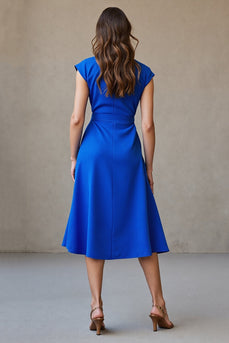 Royal Blue A Line Cap Sleeves V-Neck Midi Work Dress with Belt
