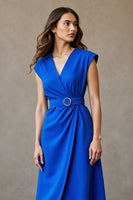 Load image into Gallery viewer, Royal Blue A Line Cap Sleeves V-Neck Midi Work Dress with Belt