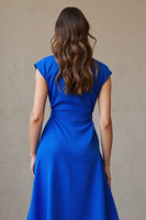 Load image into Gallery viewer, Royal Blue A Line Cap Sleeves V-Neck Midi Work Dress with Belt