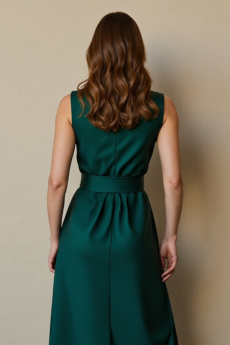 Load image into Gallery viewer, Dark Green Satin Round Neck Maxi Work Dress with Pockets
