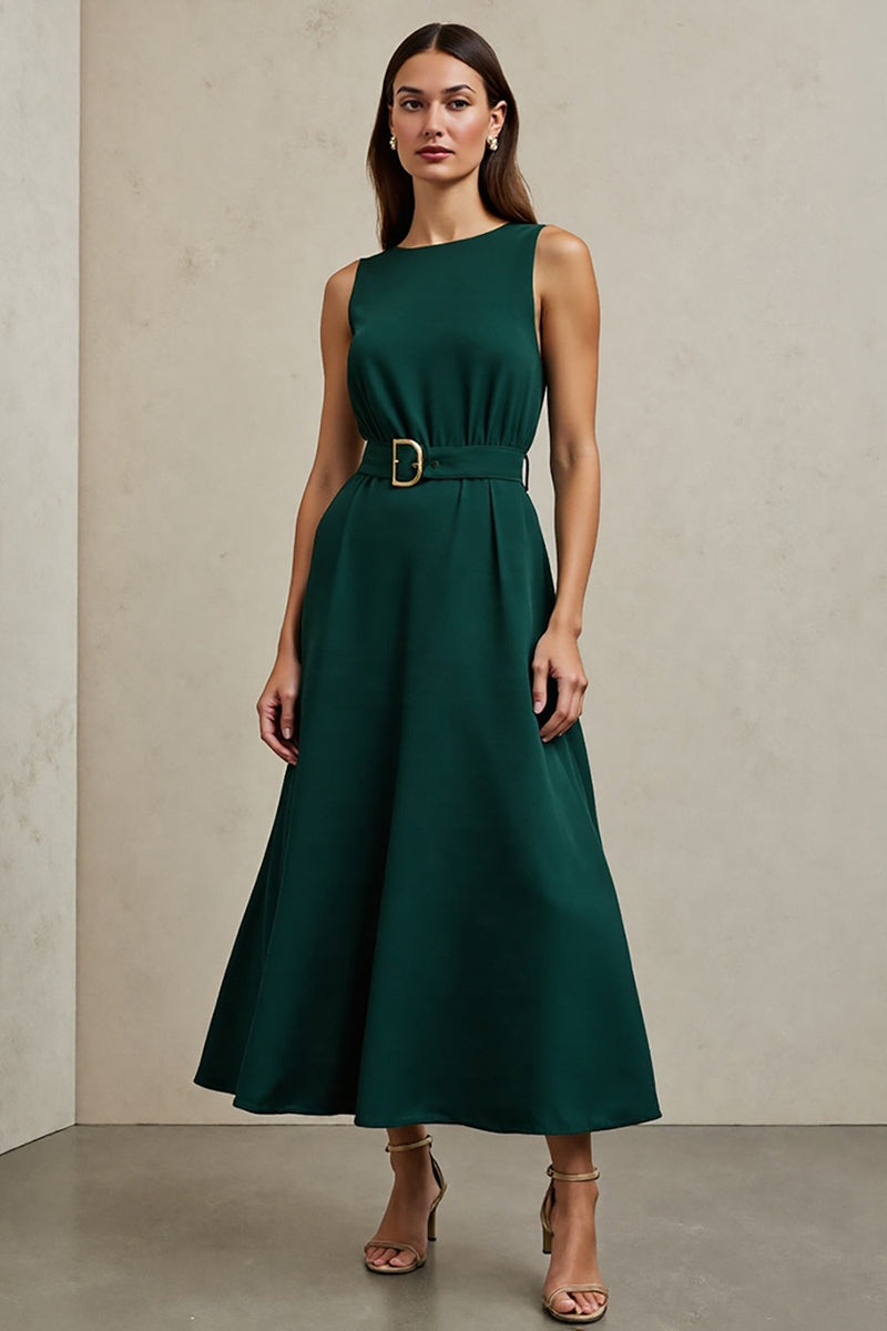 Load image into Gallery viewer, Dark Green A Line Satin Round Neck Maxi Work Dress with Belt
